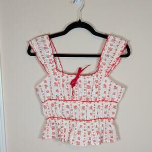 Sim & Sam Cottagecore Milkmaid Prairie Cotton Red Floral Crop Top